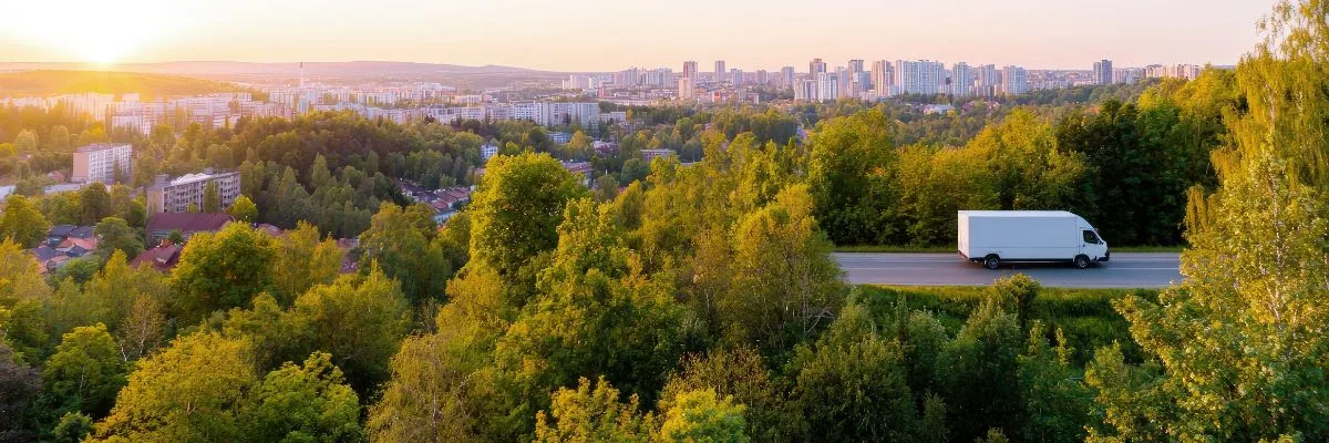 Lush green and golden trees overlooking a city skyline under a soft sunset sky.